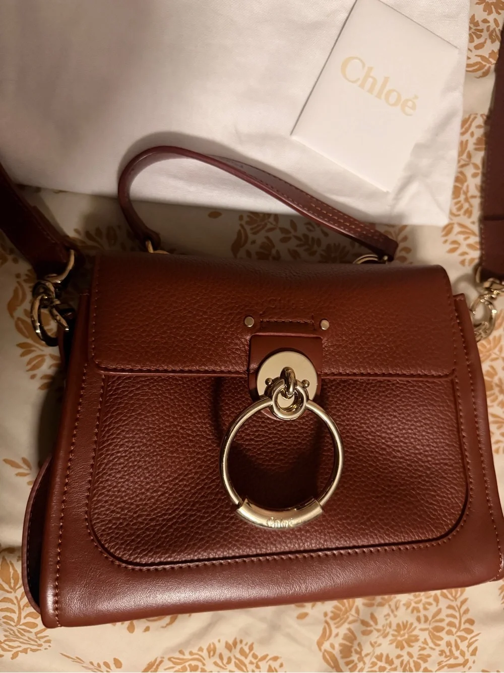 Chloe Brown Leather Top-Handle Satchel with Gold Ring